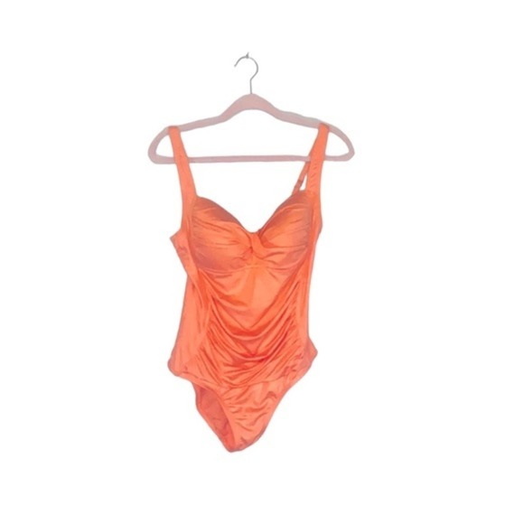 Liz Claiborne Retro Pinup Orange Coral Ruched One Piece Swimsuit size 12 - Picture 9 of 10